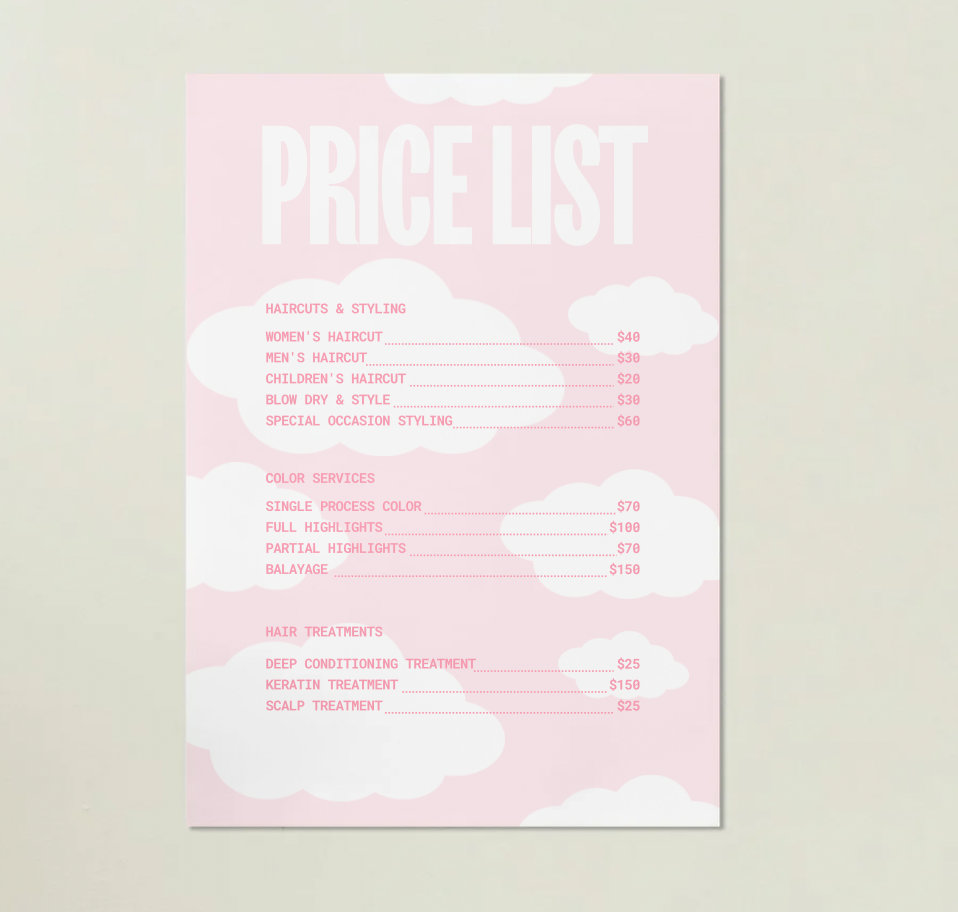Pink Cloud Price Lists